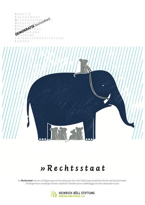 Das Bild zeigt zum Begriff Rechtsstaat einen Elefanzen im Regen. Auf dem Elefanzen hält eine maus die zügel. Andere Mäuse stellen sich bei dem Elefant unter um sich vor dem Regen zu schützen.